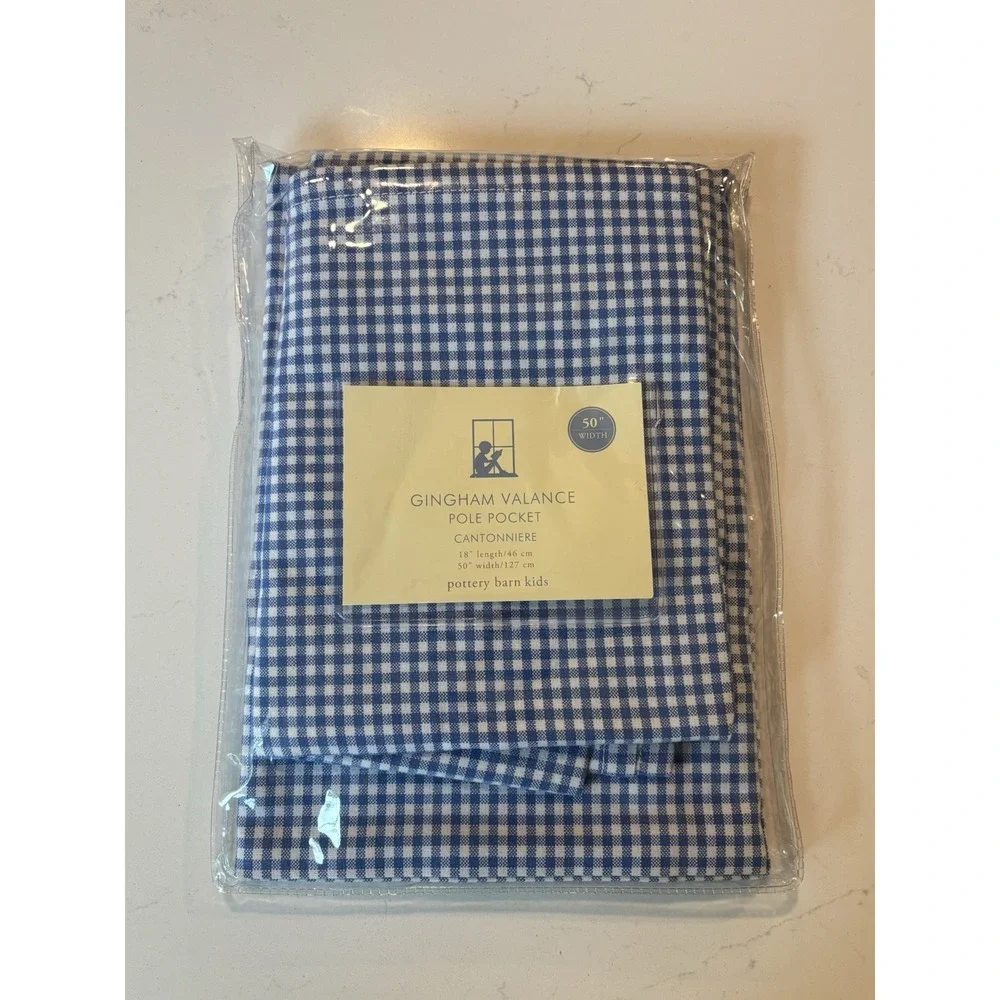 NIB Pottery Barn Kids Navy Gingham Pole Pocket Valance 50 x 18 New